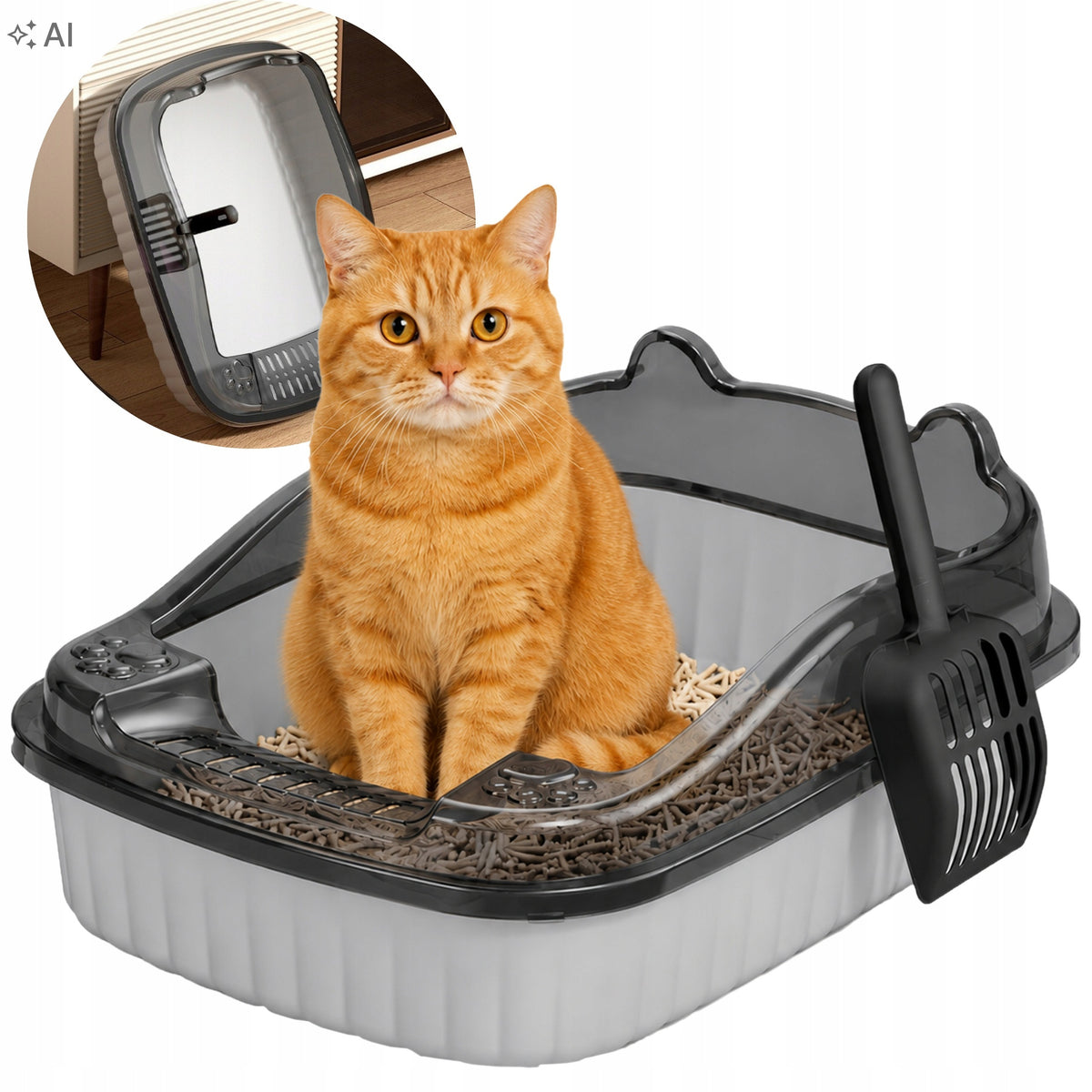 CAT LITTER BOX OPEN WITH HIGH RIM XXL GREY FOR LITTER + SPATULA