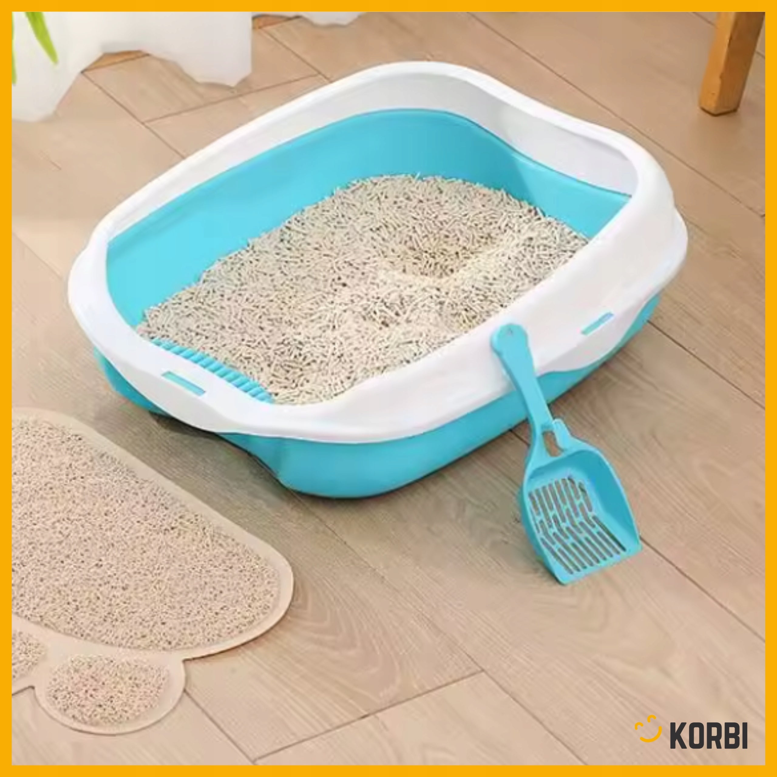 CAT LITTER BOX OPEN WITH LITTER FRAME COMFORTABLE TOILET SPATULA SET Model Korbi KUWETA DLA KOTA NIEBIESKA OTWARTA SZUFELKA