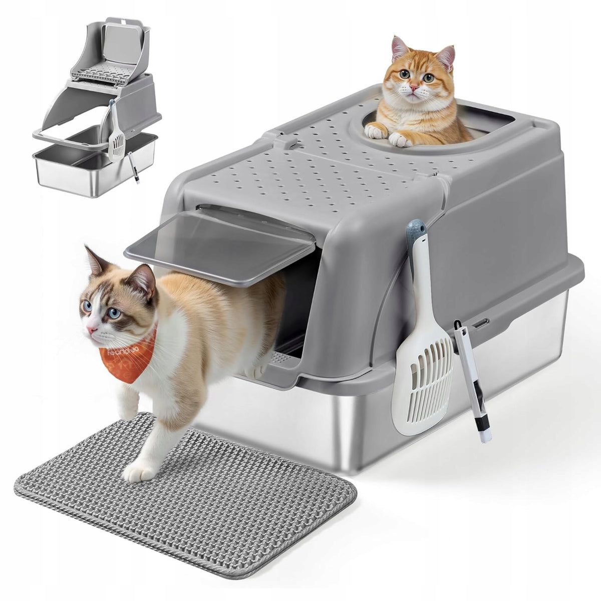 CAT LITTER BOX STAINLESS STEEL XL WITH LID LARGE CLOSED SPATULA SET