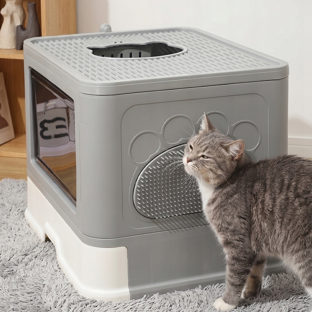 CAT LITTER BOX WITH DRAWER WITH LID LARGE GREY 51x40 PREMIUM TOP SPATULA Brand DAZAPETS