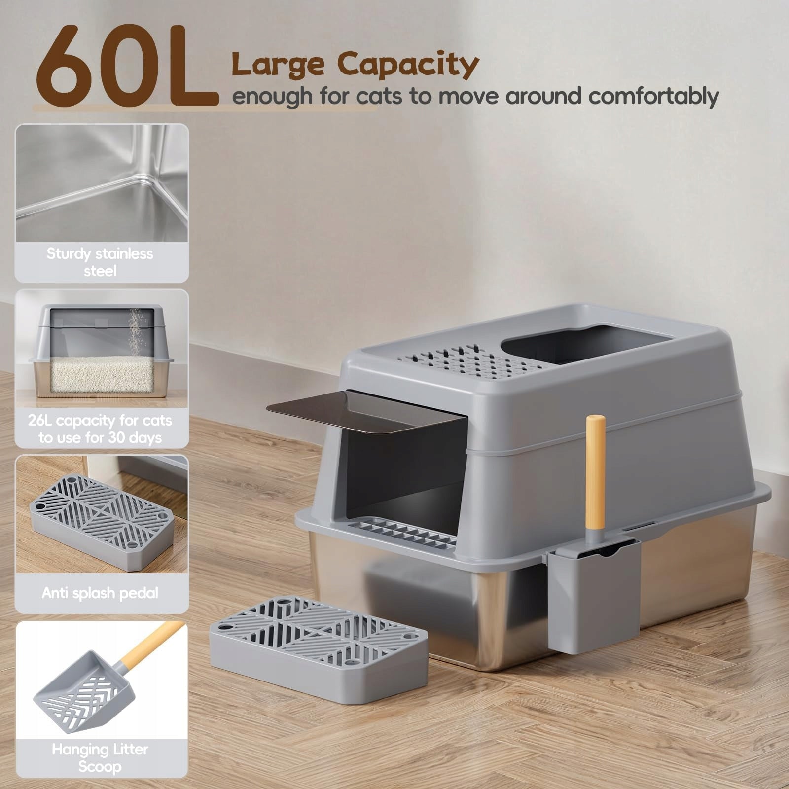 CAT LITTER BOX XXL FRETONBA STAINLESS STEEL 26L GREY OPENABLE Brand no brand