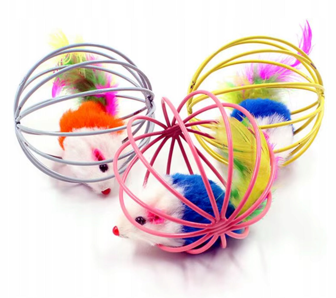 CAT MOUSE BALL WITH STRUTS FEATHER MOUSE IN CAGE BALL 1 PC Brand DKM