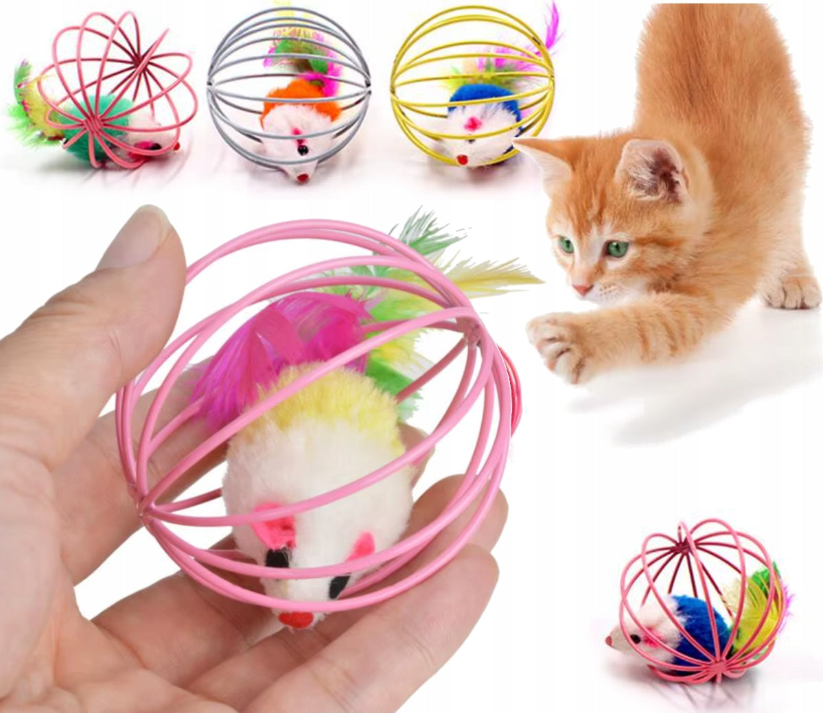 CAT MOUSE BALL WITH STRUTS FEATHER MOUSE IN CAGE BALL 1 PC