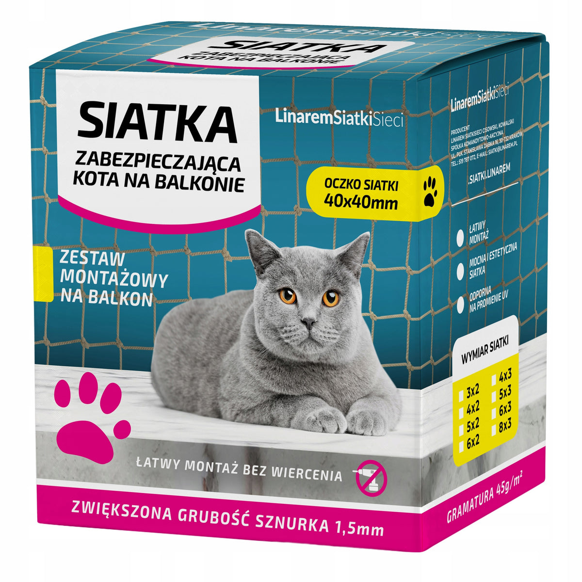 CAT NET 6x3m for balcony THICK 1,5mm eye 40mm set without UV drilling