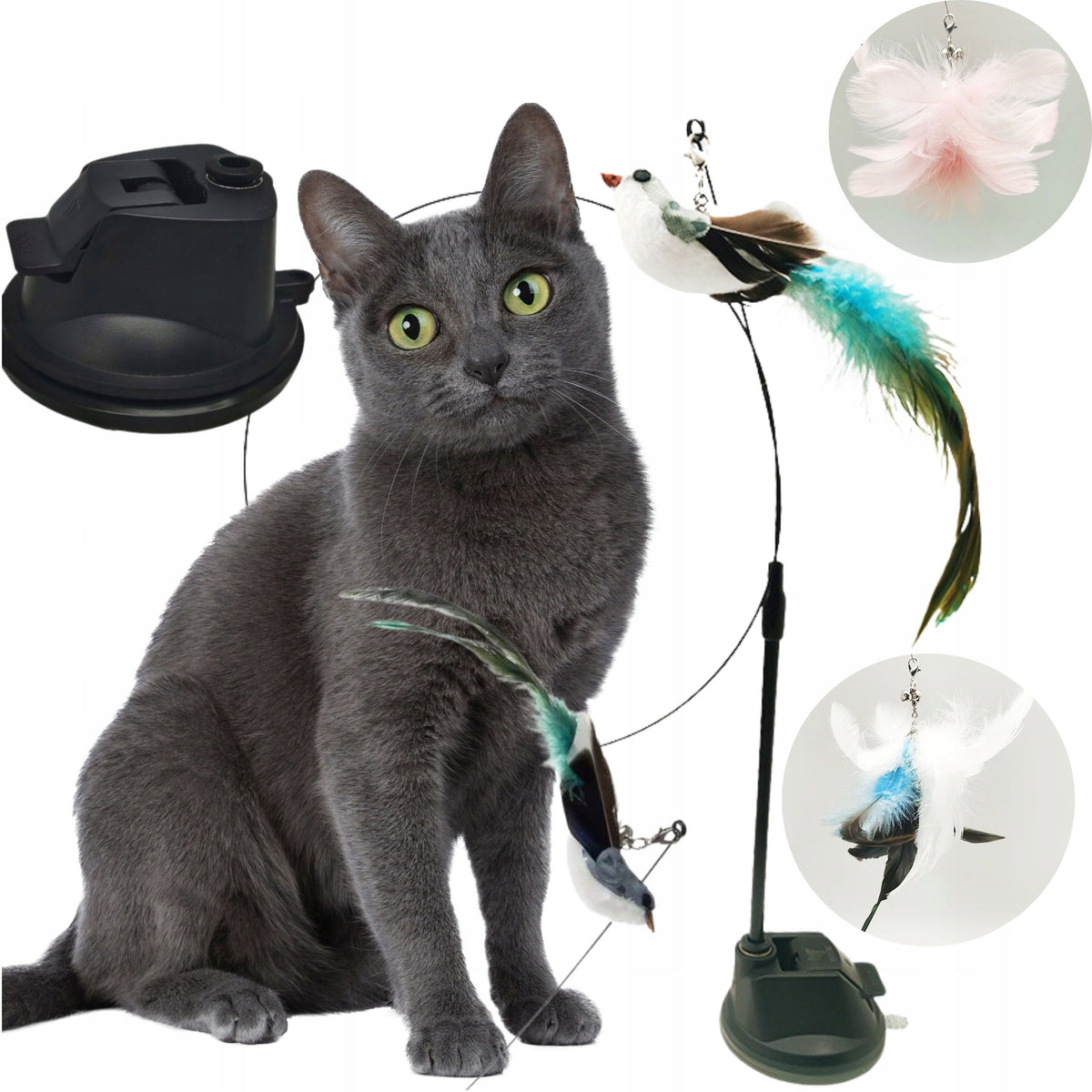 CAT ROD MOVABLE INTERACTIVE TOY FEATHER BIRD SUCTION CUP LONG