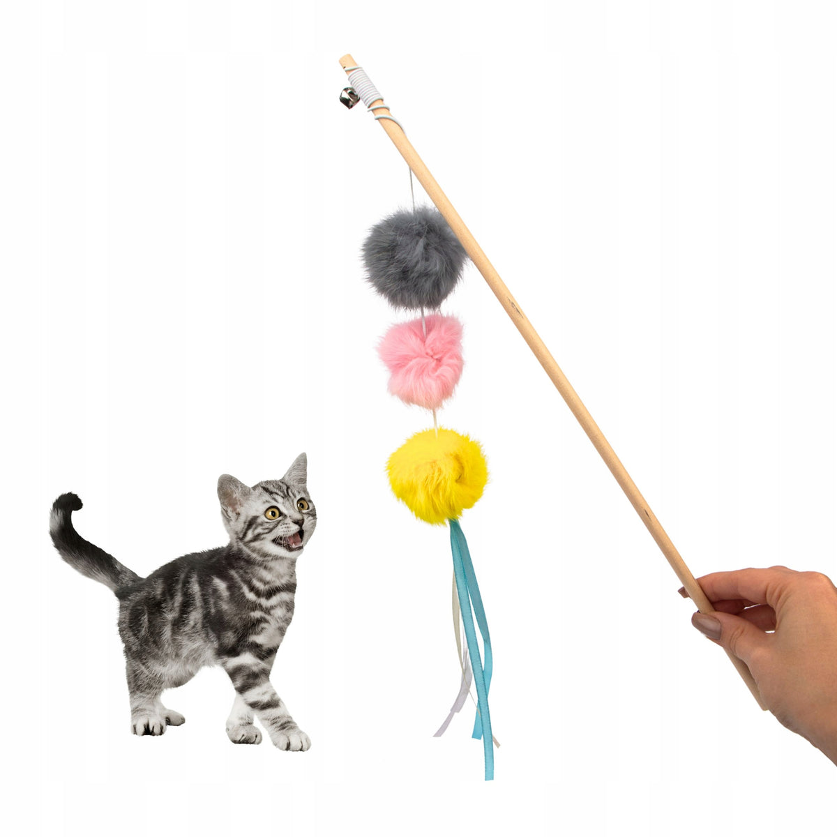 CAT ROD TOY ON ELASTIC BAND with pompoms bell colorful gift Packaging status original