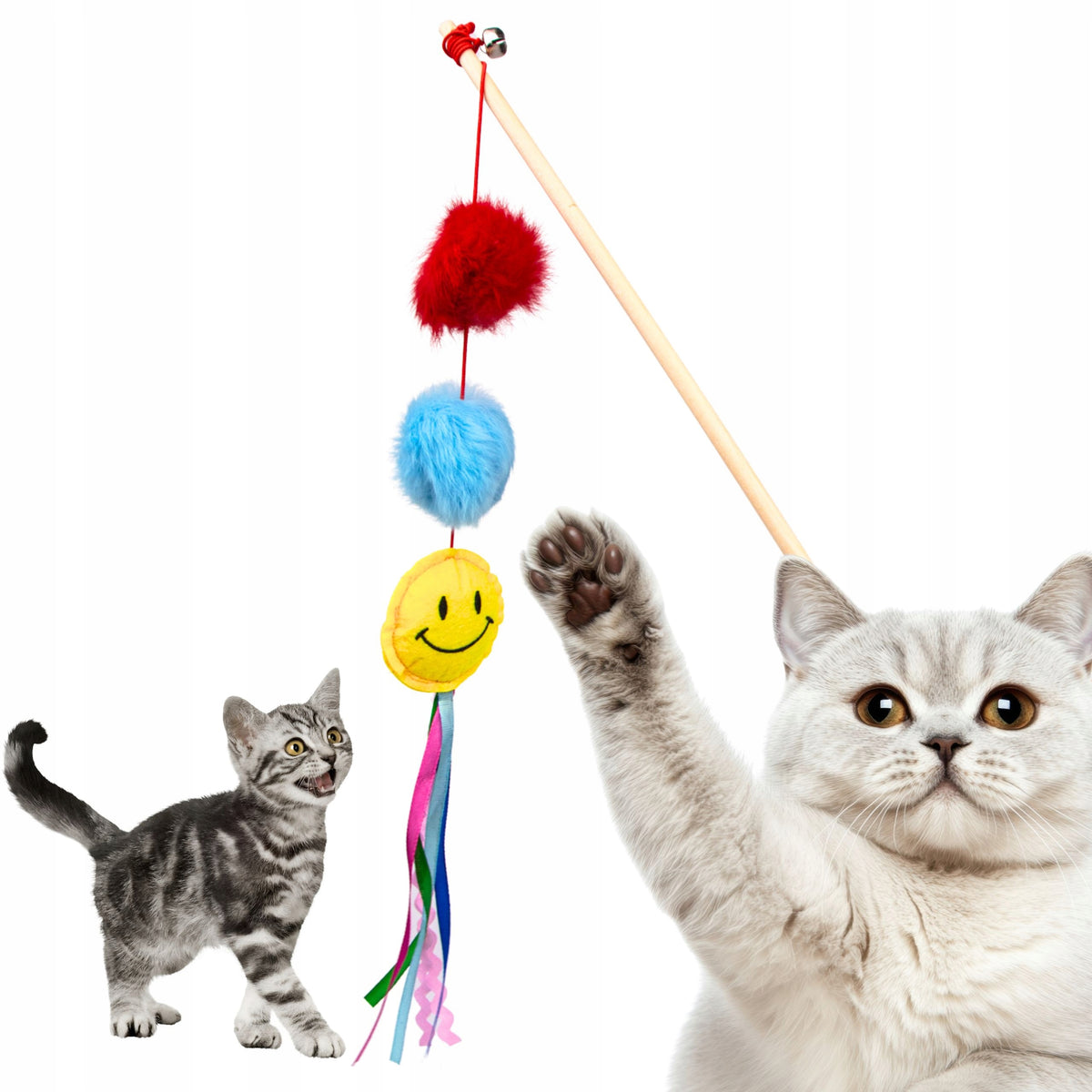 CAT ROD TOY ON ELASTIC BAND with pompoms bell colorful gift
