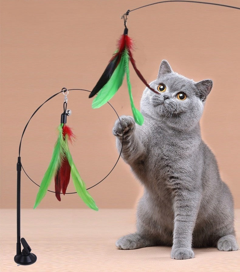 CAT ROD WITH SUCTION CUP INTERACTIVE TOY WITH FEATHERS AND POMPOMS Kind fishing rods
