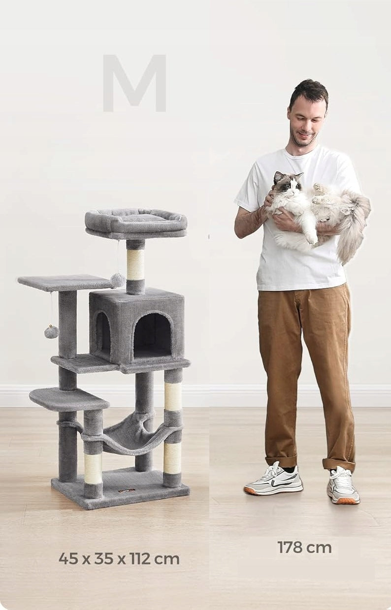 CAT SCRATCHER 112 CM MULTI-LEVEL WITH HAMMOCK CAVE BED GREY Brand Feandrea