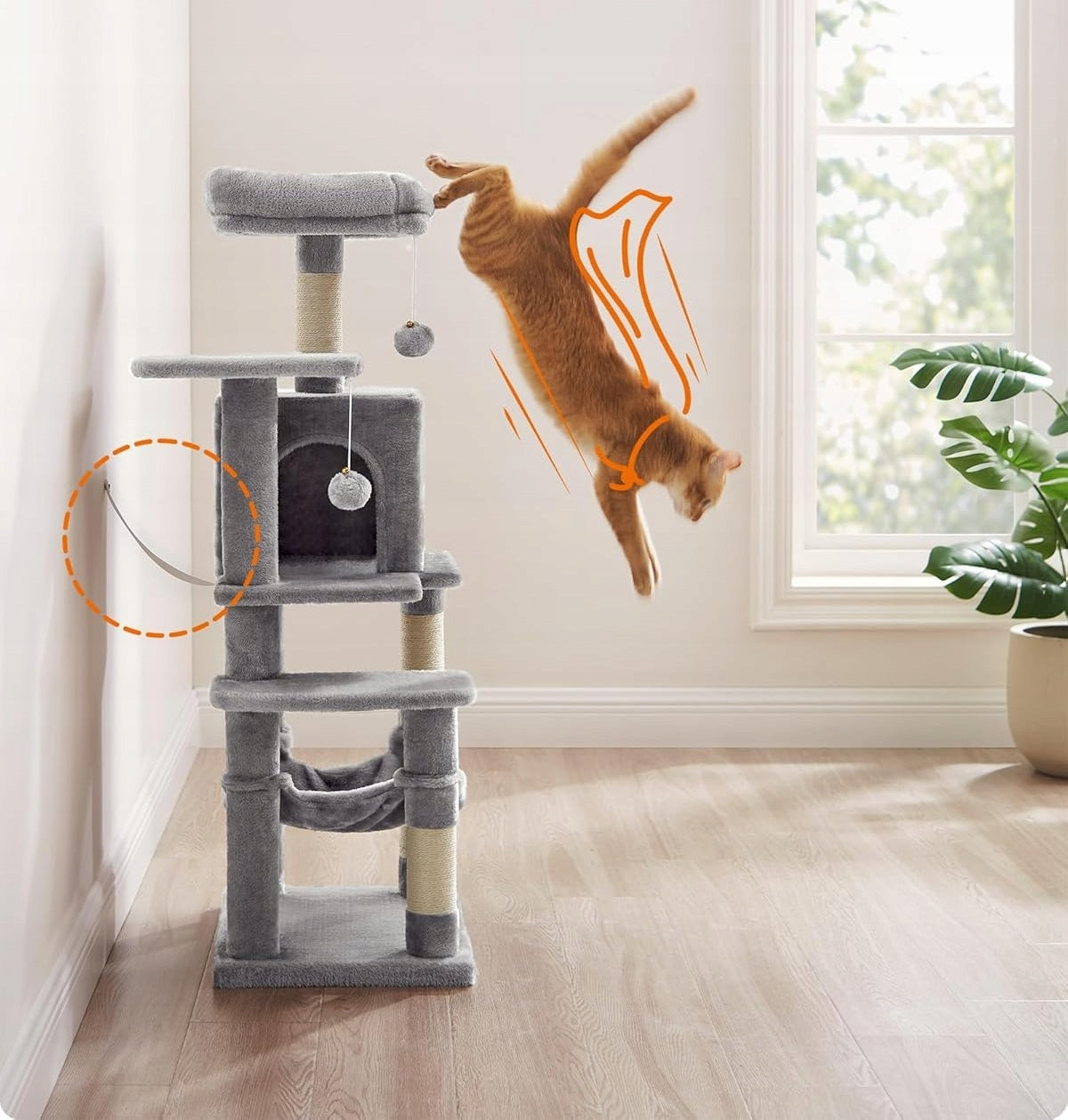 CAT SCRATCHER 112 CM MULTI-LEVEL WITH HAMMOCK CAVE BED GREY Kind cat house