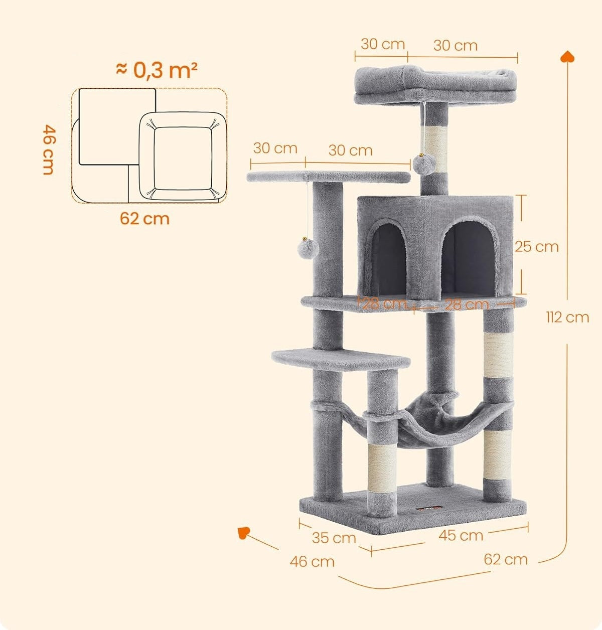 CAT SCRATCHER 112 CM MULTI-LEVEL WITH HAMMOCK CAVE BED GREY Length 45 cm