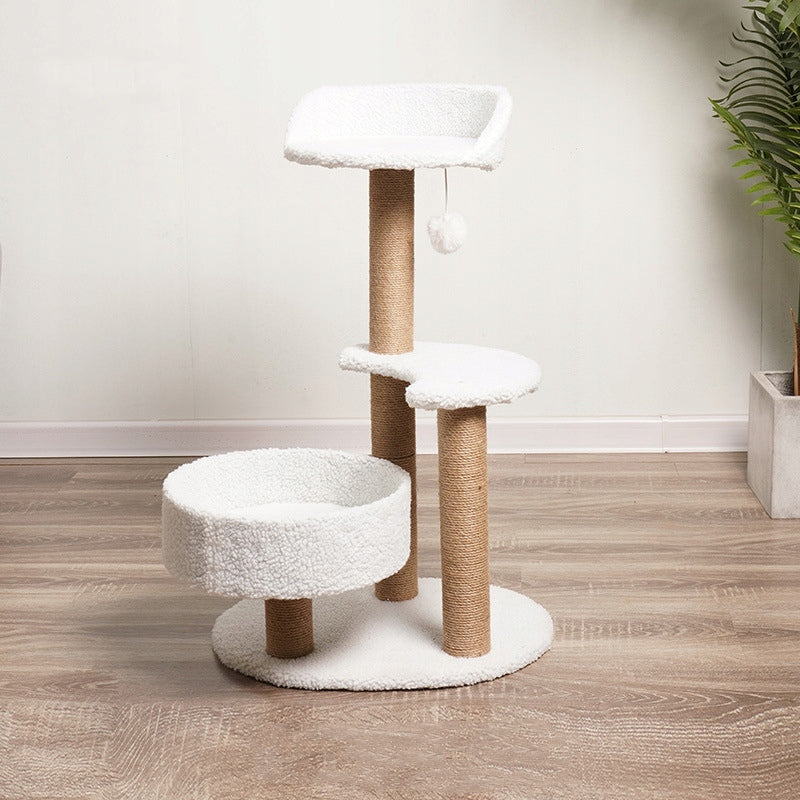 CAT SCRATCHER HIGH 80 CM BED 2 PLATFORMS SISAL PLUSH BALL WHITE Product width 38 cm
