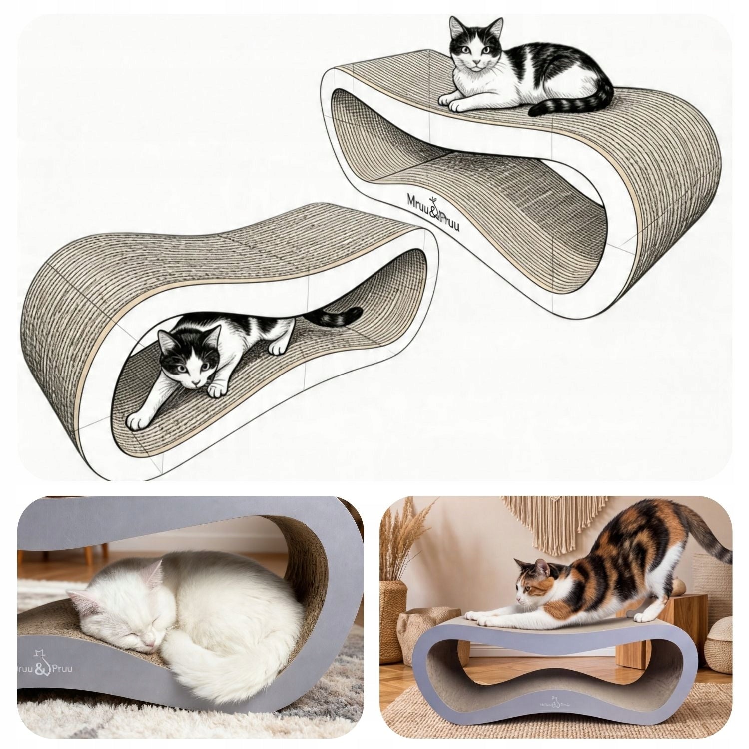 CAT SCRATCHING POST CARDBOARD LARGE BED 78x28x24 cm Mruu&Pruu Trade name drapak szary łupek, drapak niski, maty do drapania