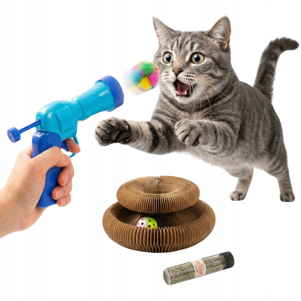 CAT SET LAUNCHER GUN POMPOMS 30PCS MAZE CATNIP FREEBIE