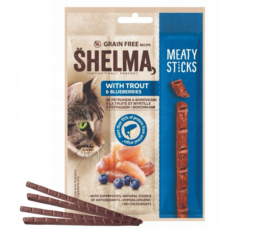 CAT SNACK SHELMA STICKS WITH TROUT AND BLUEBERRY 15G DATE: 09.2026