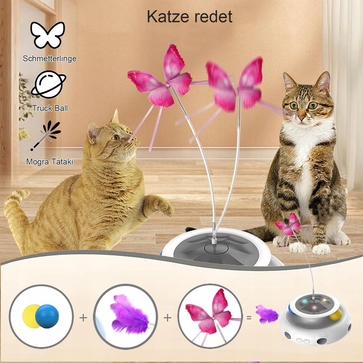 CAT TOY AUTOMATIC FISHING ROD WITH CAT TEASER BASE BUTTERFLY ROTATING BALLS Packaging status original