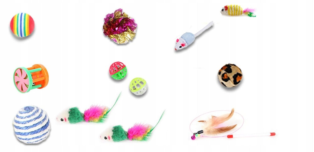 CAT TOY MOUSE FISHING ROD BALLS SET OF 12 ELEMENTS FOR STIMULATION PLAY Manufacturer code zestaw 12 zabawek