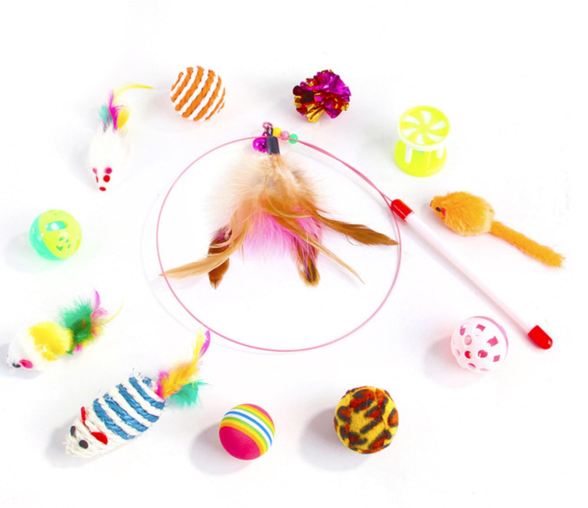 CAT TOY MOUSE FISHING ROD BALLS SET OF 12 ELEMENTS FOR STIMULATION PLAY
