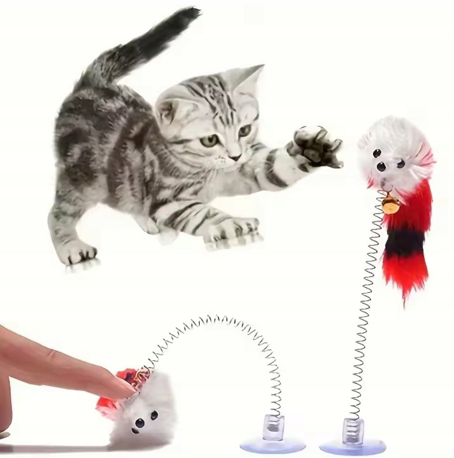 CAT TOY MOUSE ON SPRING SUCTION CUP BELL