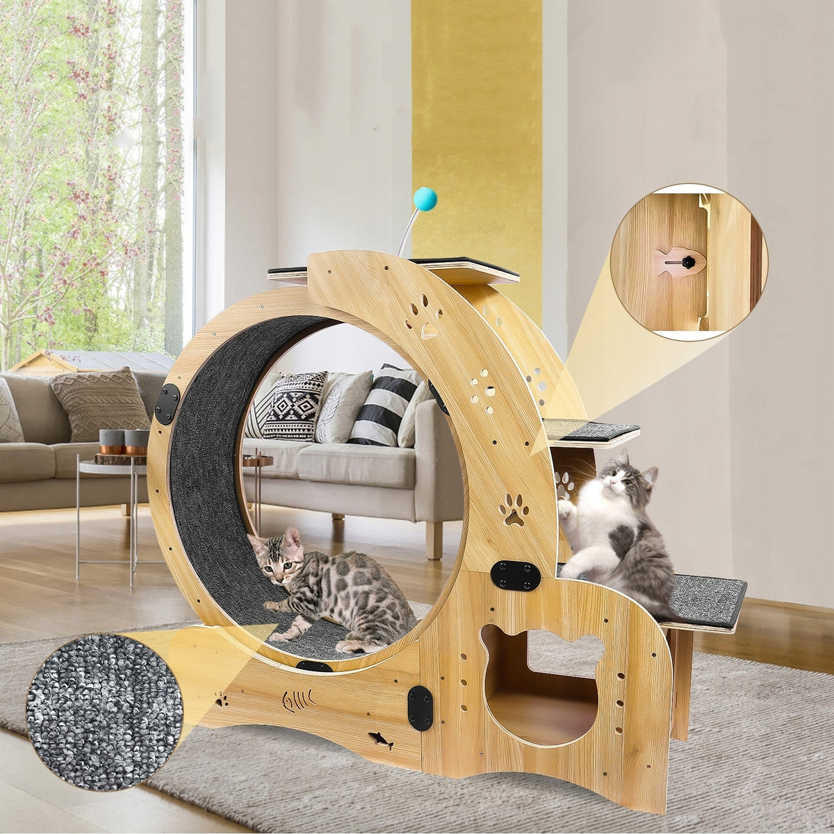 CAT TREADMILL WITH LOCK FUNCTION REEL HOUSE 78CM WOODEN SCRATCHING POST Longest dimension 78.3 cm