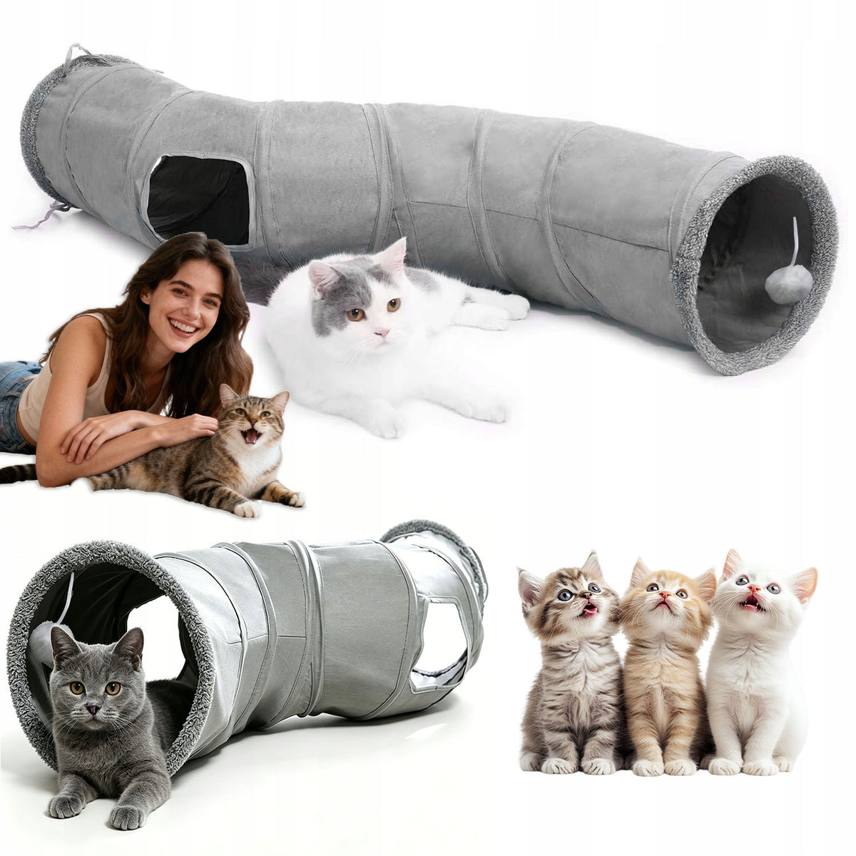CAT TUNNEL LARGE GREY WITH BALL TOY HIDEOUT FOLDING 117 CM