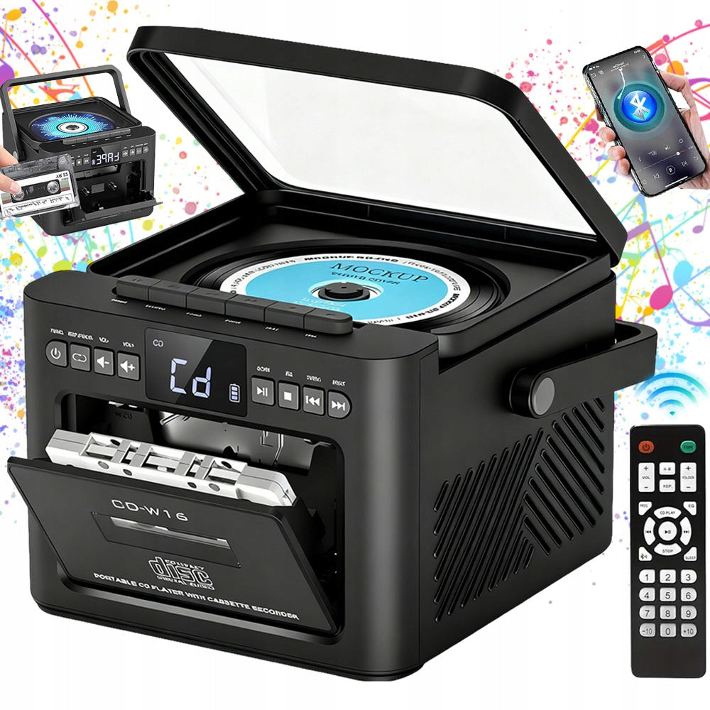 CD PLAYER CASSETTE TAPE RECORDER BLUETOOTH SPEAKER BLACK PORTABLE REMOTE CONTROL