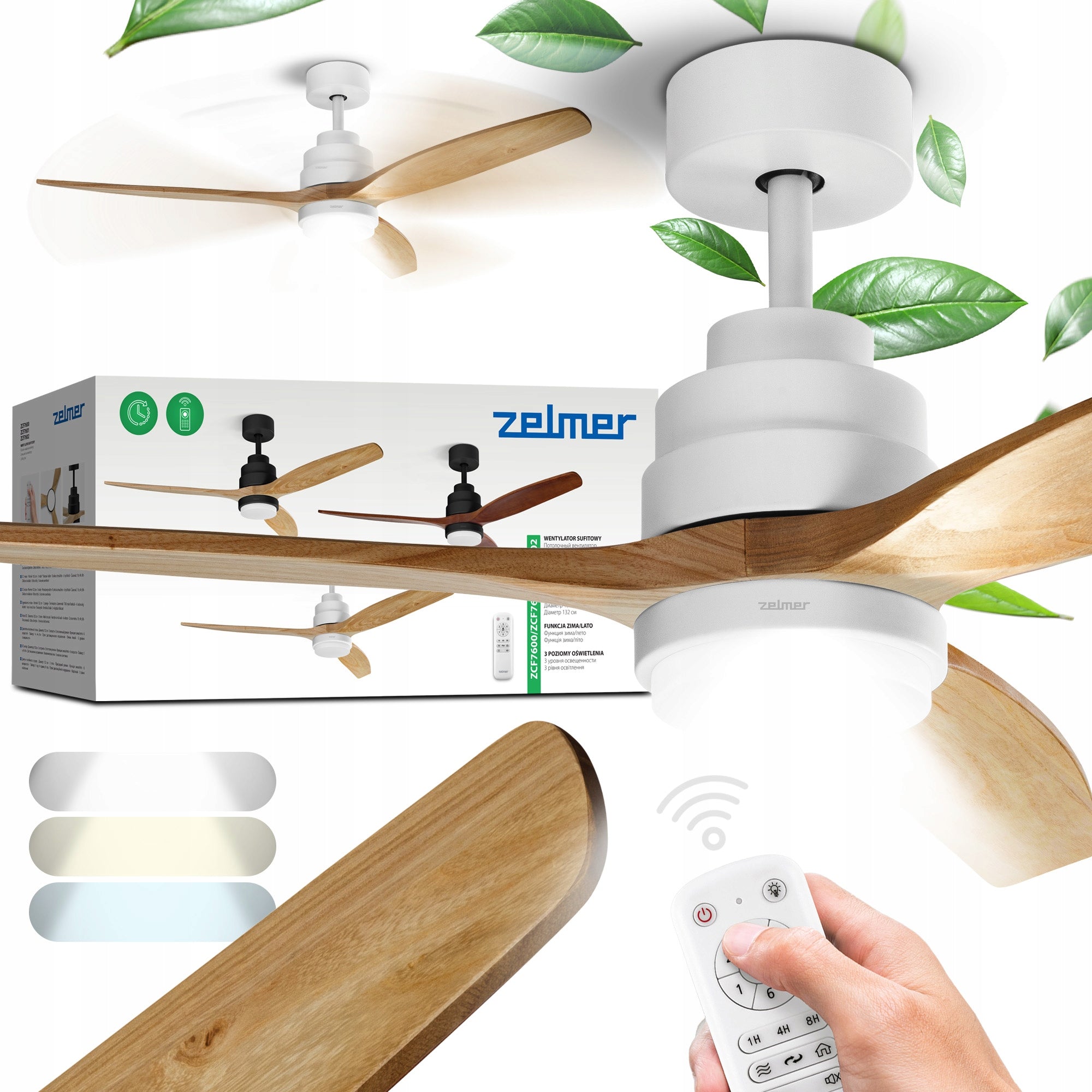 CEILING FAN ZELMER FAN LED LAMP ULTRA QUIET 6 MODES WHITE OAK