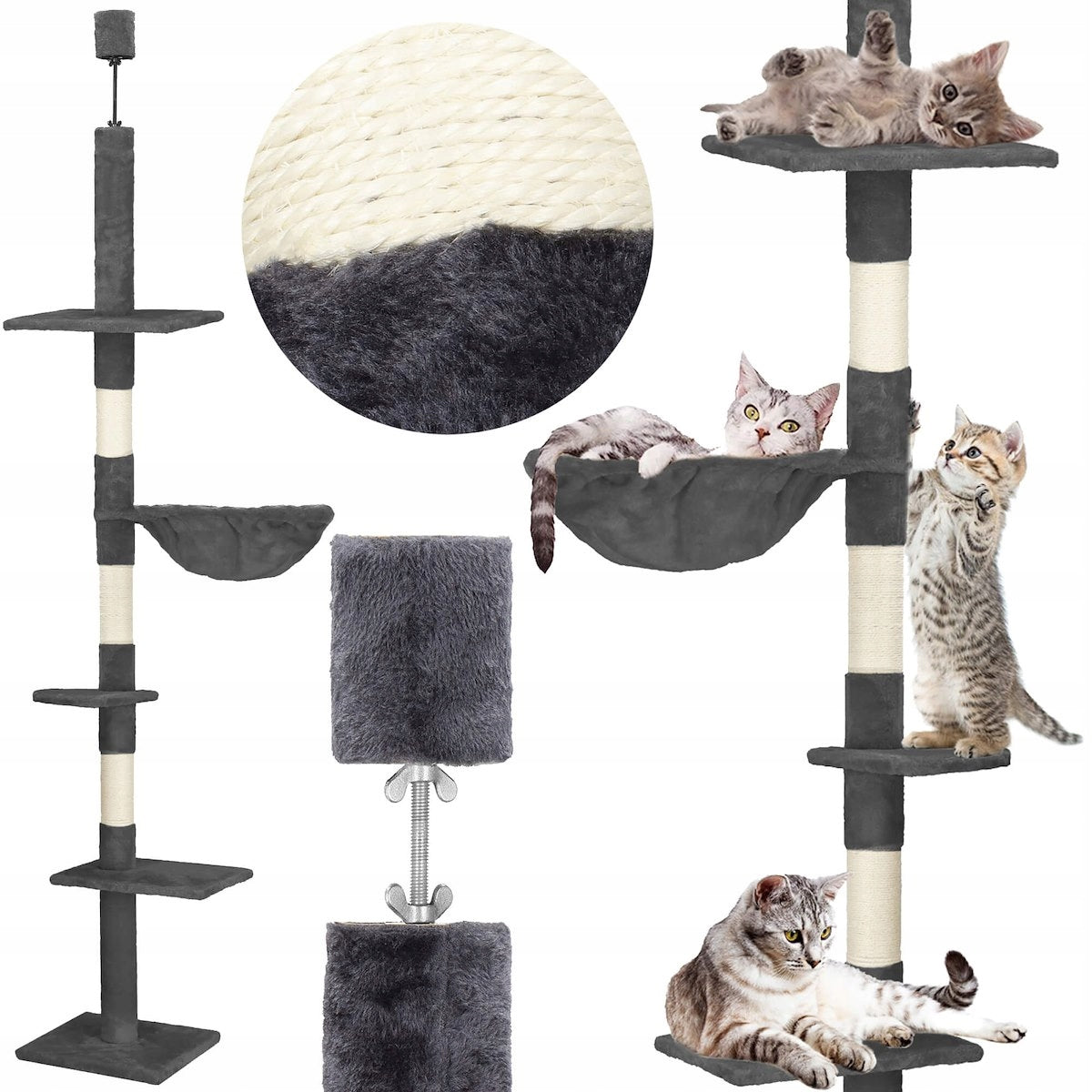 CEILING SCRATCHING POST 5 LEVELS FOR CAT LARGE BED POST TOWER GREY XXL Brand Springos