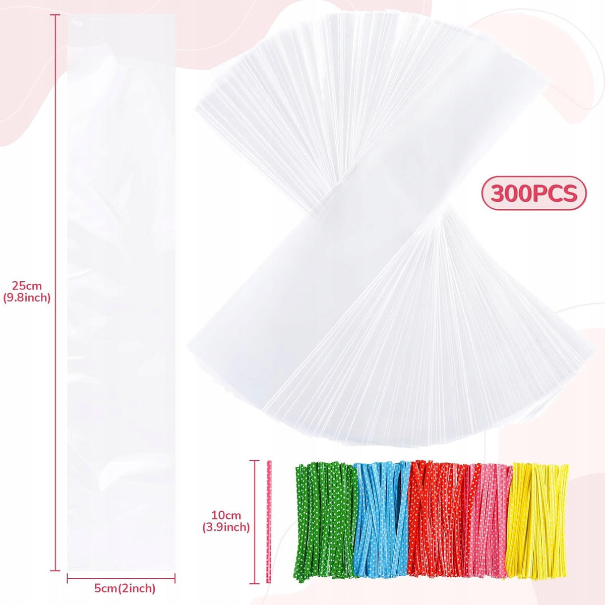 CELLOPHANE BAGS 300 PCS 5X25 CM + 320 TWIST TIES Length 25 cm