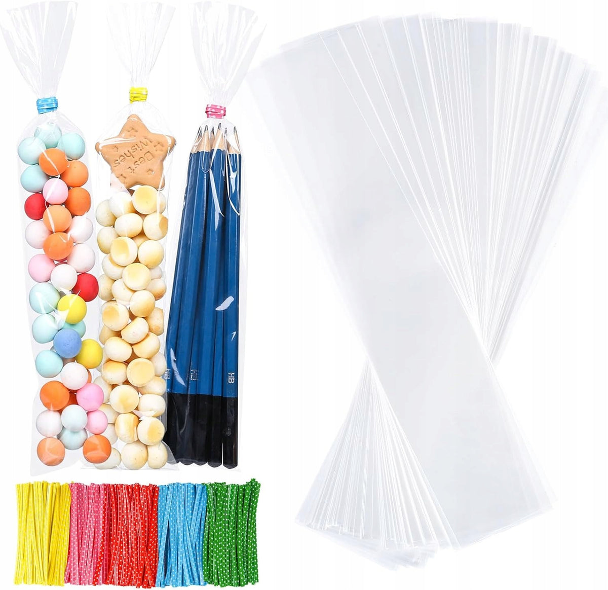 CELLOPHANE BAGS 300 PCS 5X25 CM + 320 TWIST TIES