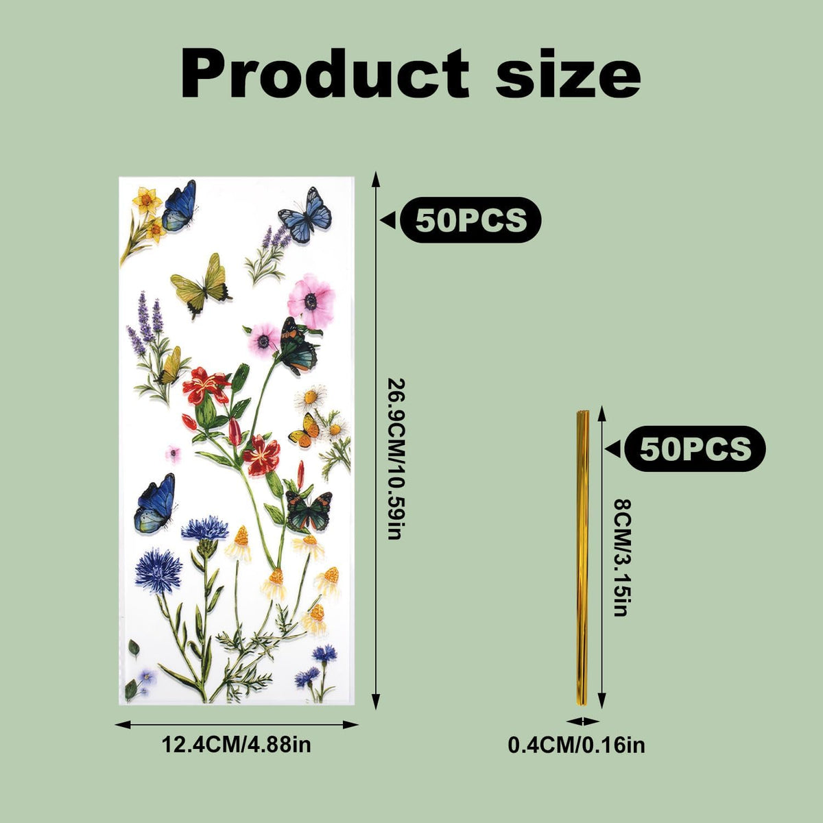 CELLOPHANE BAGS 50PCS FLOWER MOTIF BUTTERFLIES PARTY GIFTS Length 12.4 cm