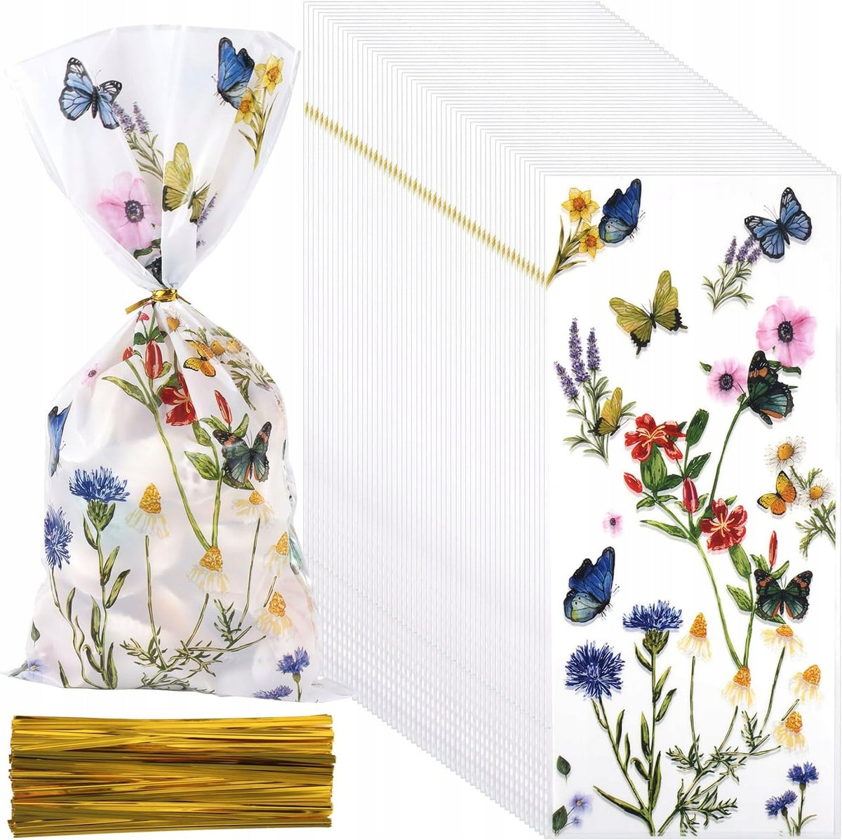 CELLOPHANE BAGS 50PCS FLOWER MOTIF BUTTERFLIES PARTY GIFTS