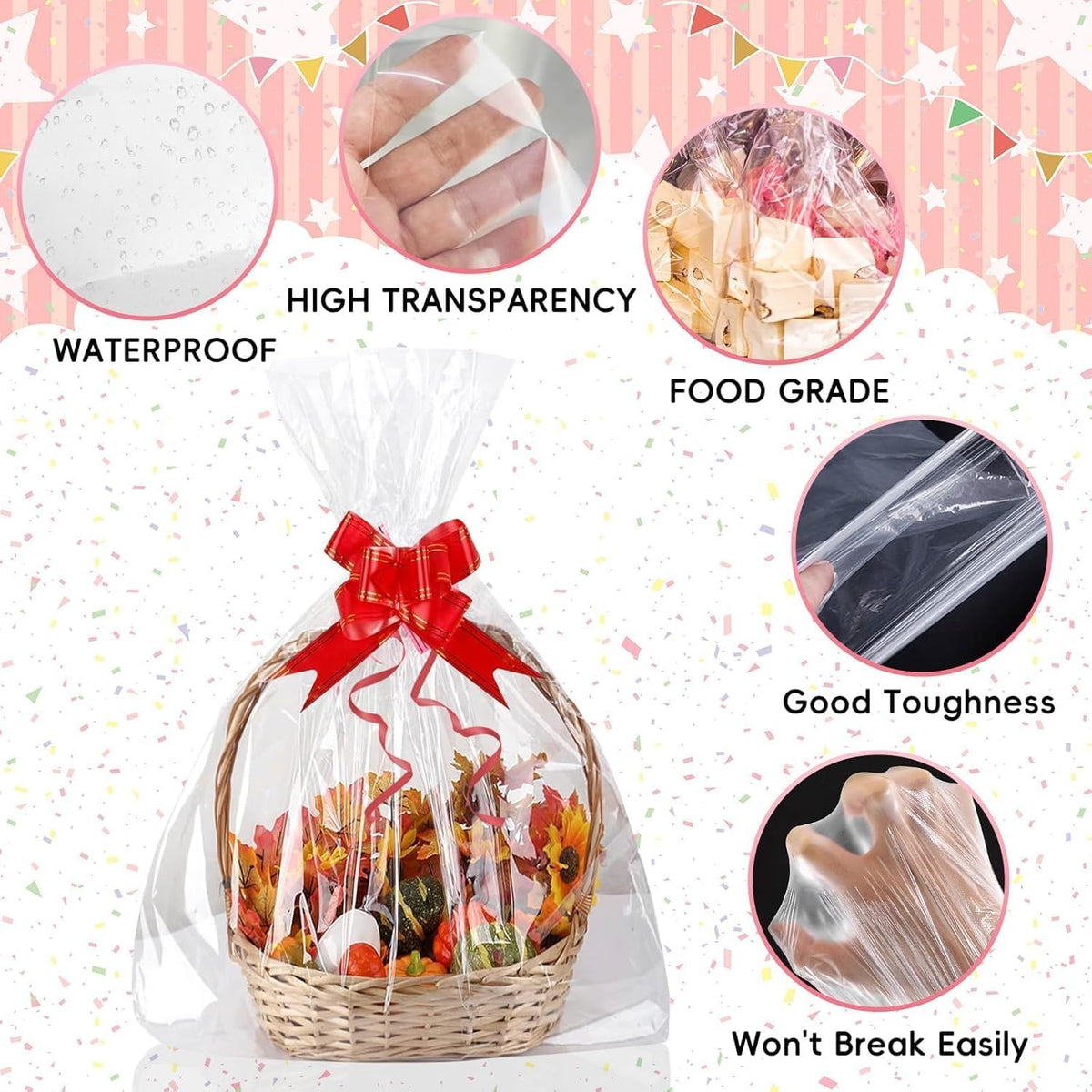 CELLOPHANE BAGS 60X90 CM TRANSPARENT 10 PCS. WITH 20 BOWS Length 90 cm