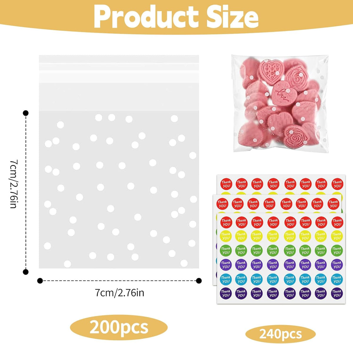 CELLOPHANE BAGS SMALL 7X7CM 200PCS SELF-ADHESIVE WITH STICKERS Length 7 cm