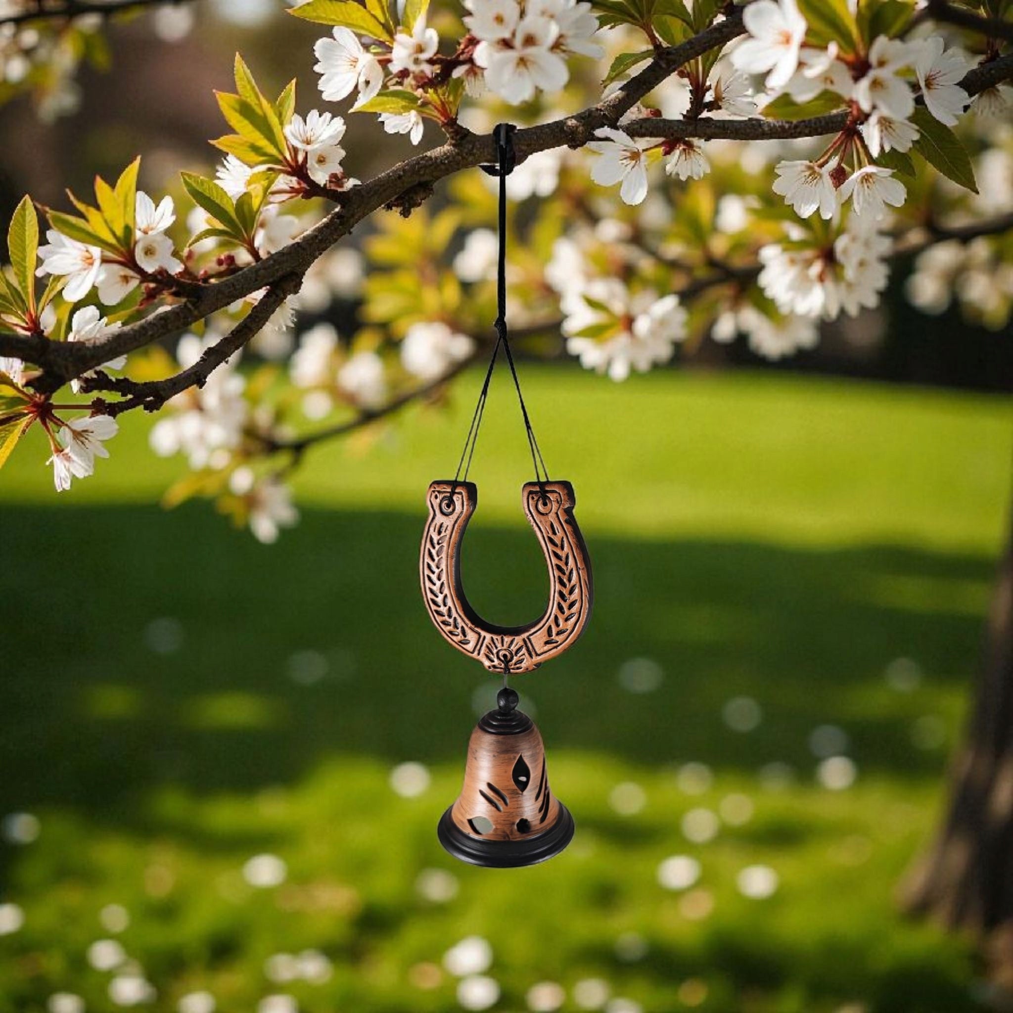 CERAMIC BELL BROWN HAND DECORATED bell + horseshoe 30 cm L45 Manufacturer no brand