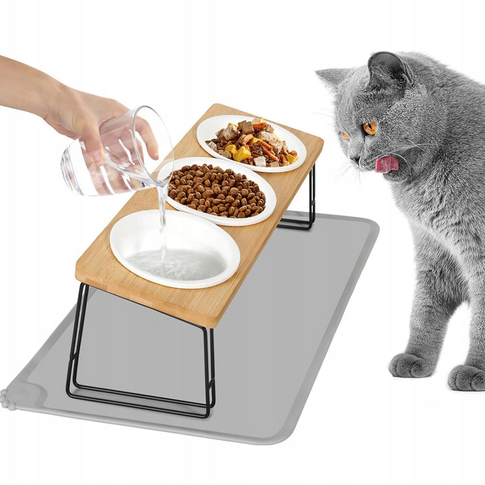 CERAMIC BOWL FOR DOG AND CAT 3 BOWLS WOODEN BASE 3X300ML + MAT