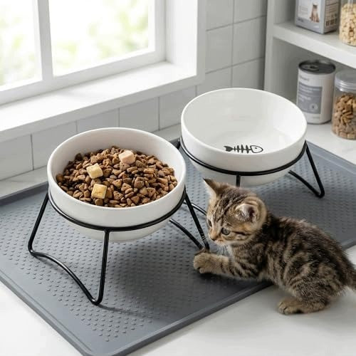 CERAMIC BOWLS FOR CAT AND DOG WITH STANDS 2 PIECES Brand Natural