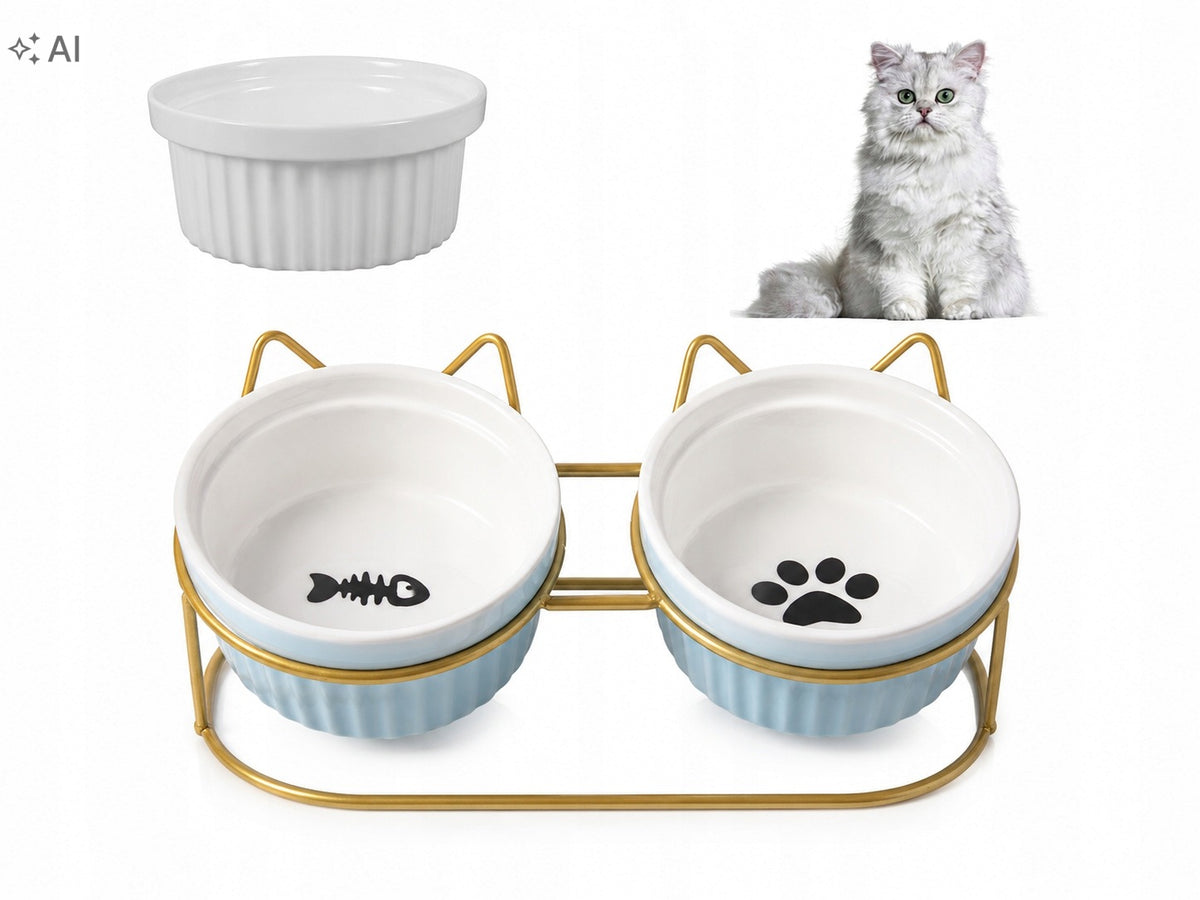 CERAMIC BOWLS ON A STAND FOR A CAT DOG 2x 300ML DOUBLE DECORATIVE