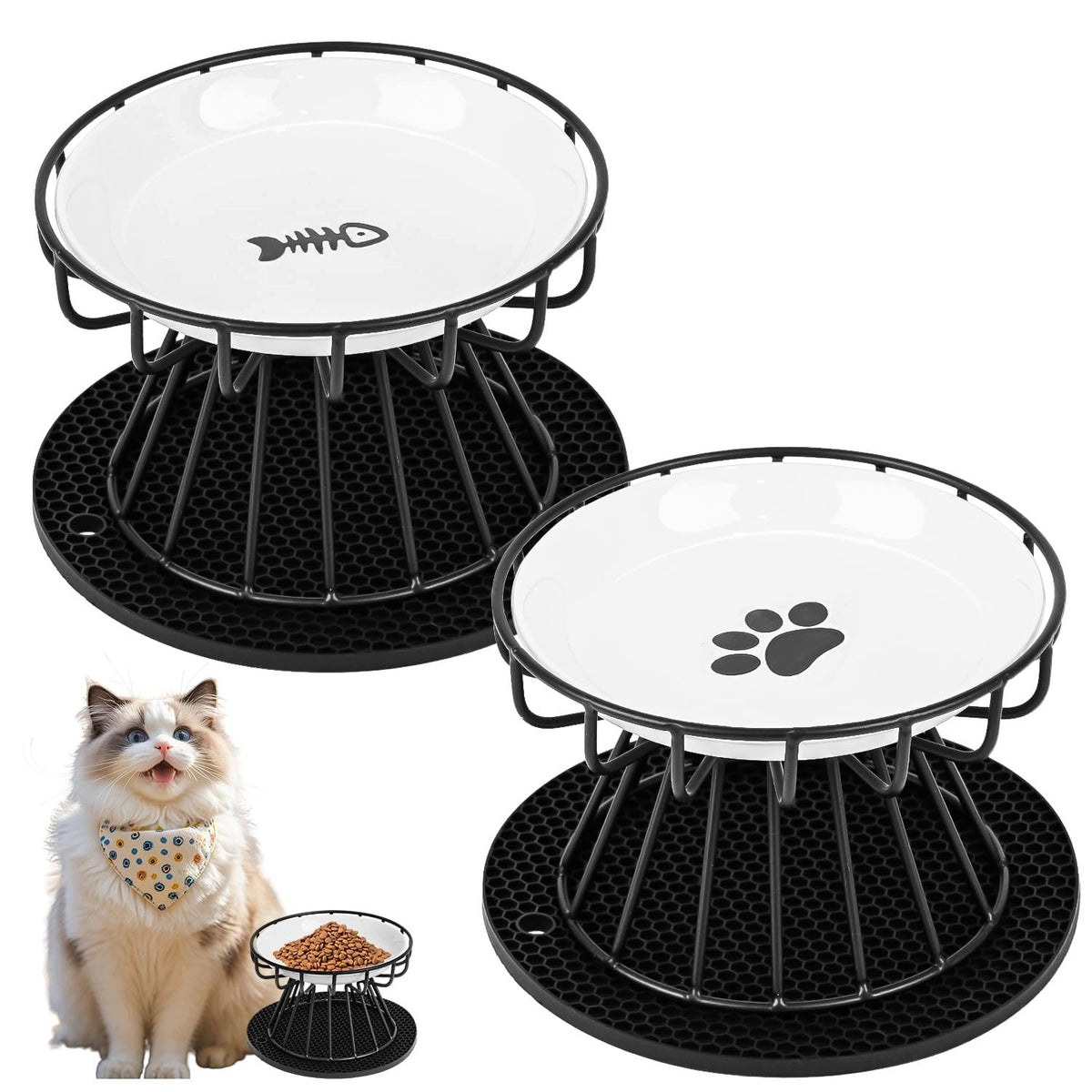 CERAMIC CAT BOWLS 2 PCS SILICONE METAL STAND BLACK