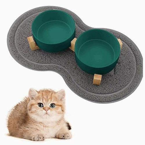 CERAMIC CAT BOWLS WITH BAMBOO HANDLE SET OF 2 FOR HOME