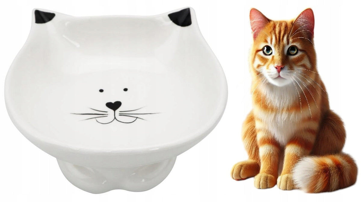 CERAMIC CAT FOOD BOWL 0.3L WHITE RAISED WITH CAT MOTIF