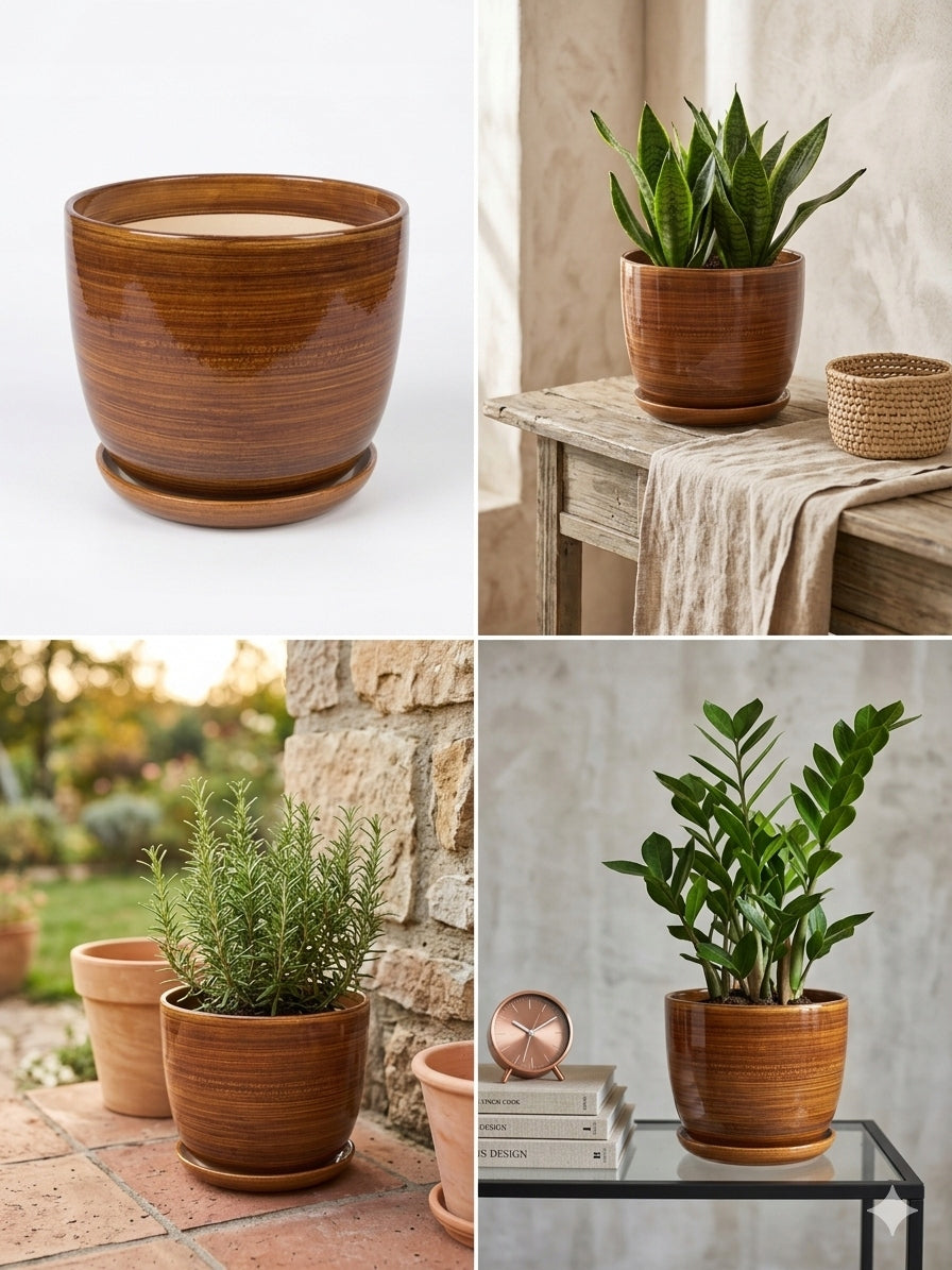 CERAMIC POT BROWN GLOSS LARGE DIAMETER 24,5 CM HEIGHT 20 CM Material ceramic