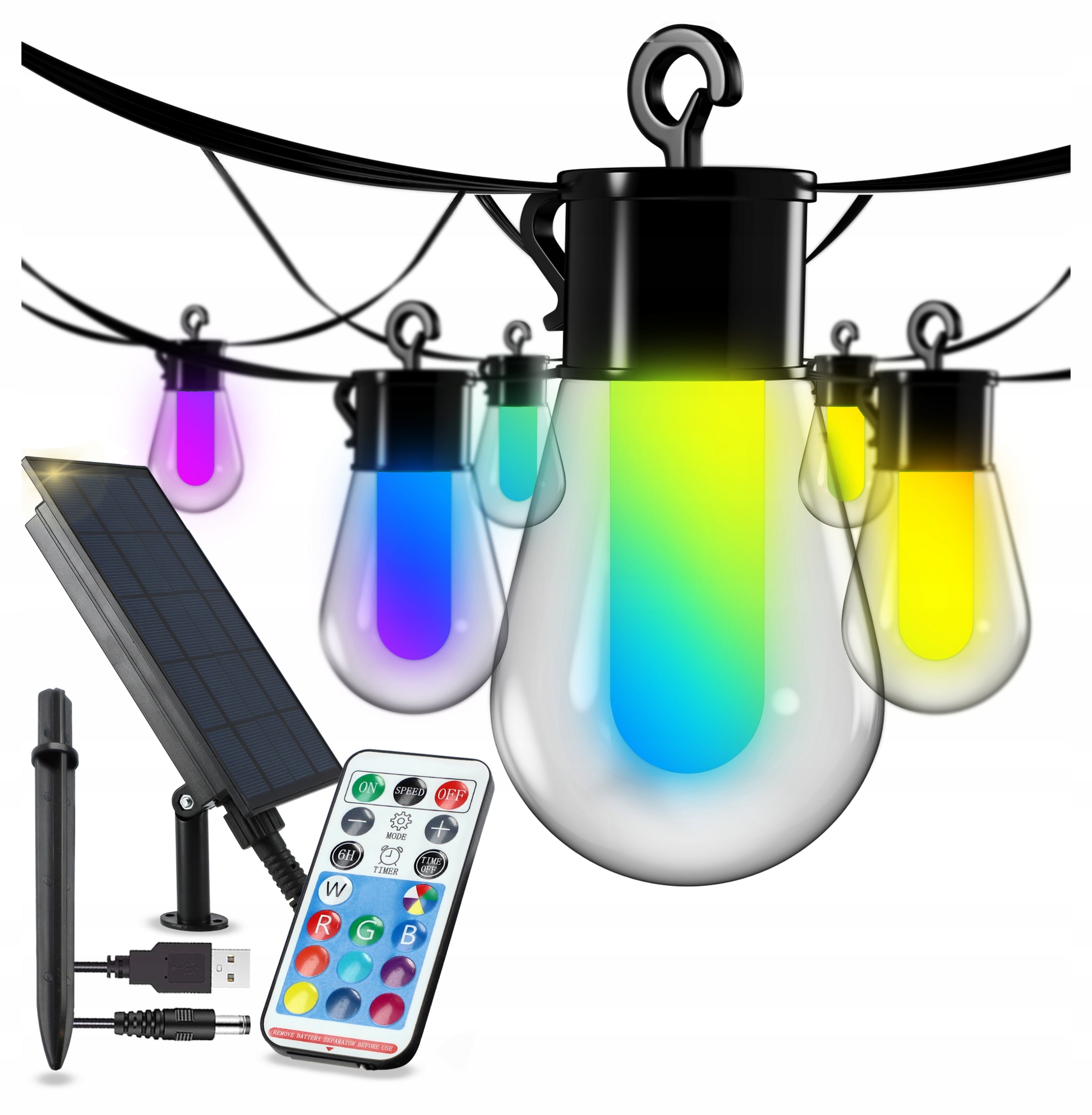 CHAIN SOLAR LIGHTS GARDEN SOLAR GARLAND 6M RGB 15 BULBS+ REMOTE CONTROL