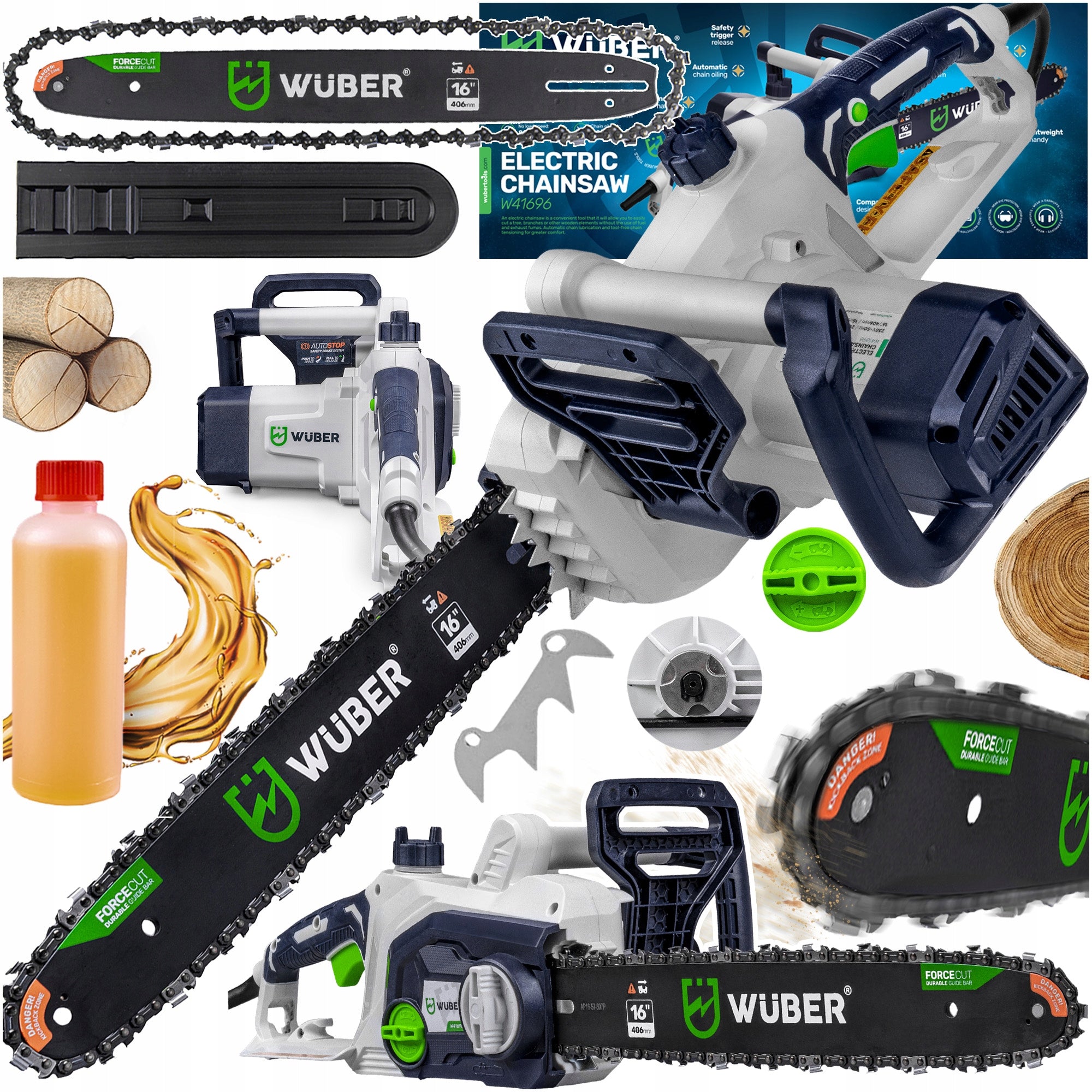CHAINSAW ELECTRIC WOOD SAW +OIL + GUIDE + 16" CHAIN