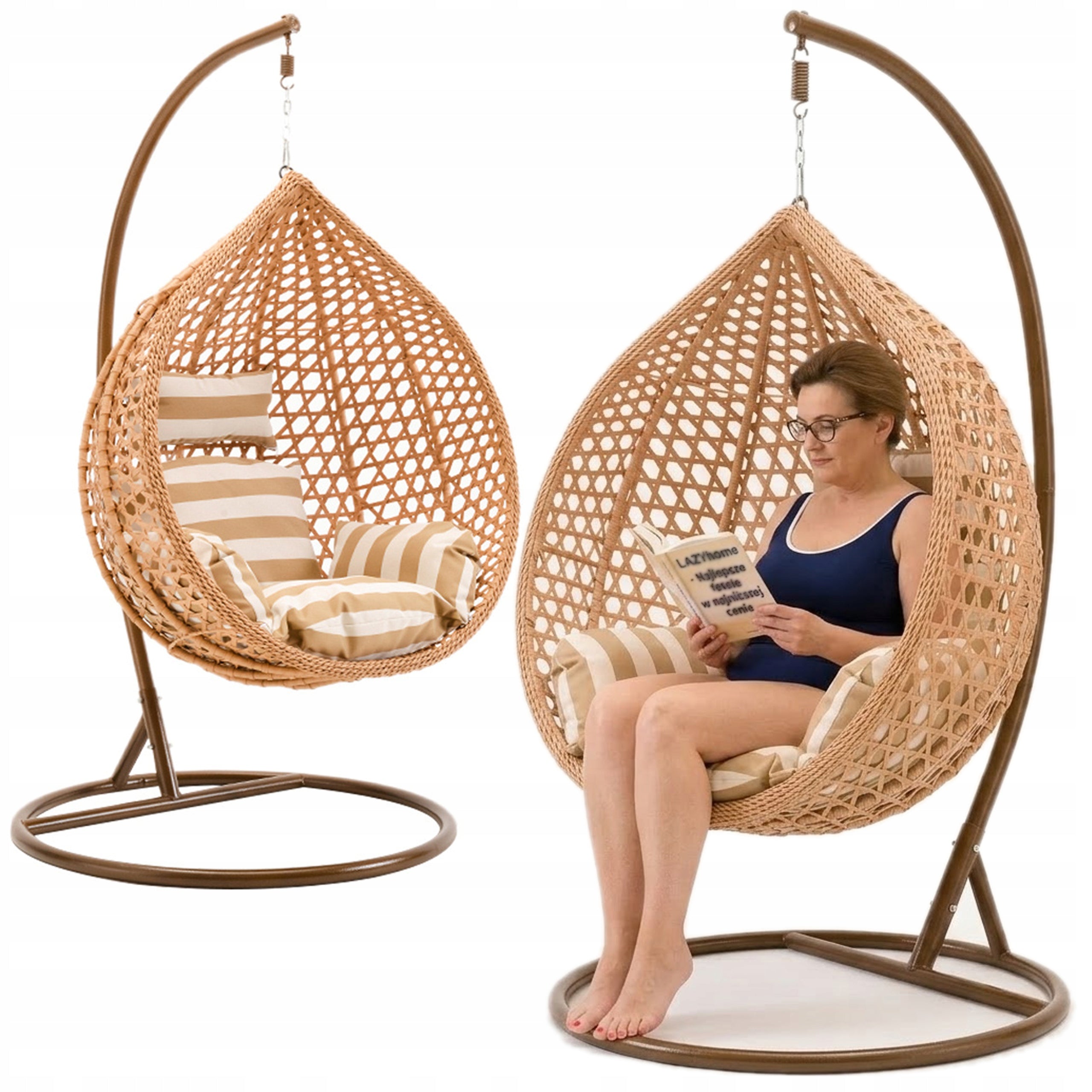 CHAIR HANGING GARDEN BASKET EGG ROCKING COCOON PREMIUM BOHO + PILLOWS Color brown