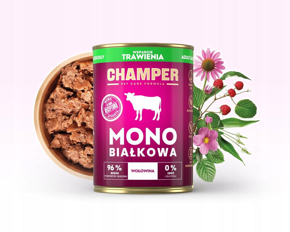 CHAMPER Gastro Beef 400g Monoprotein DIGESTION Dog Food Can Packaging status original