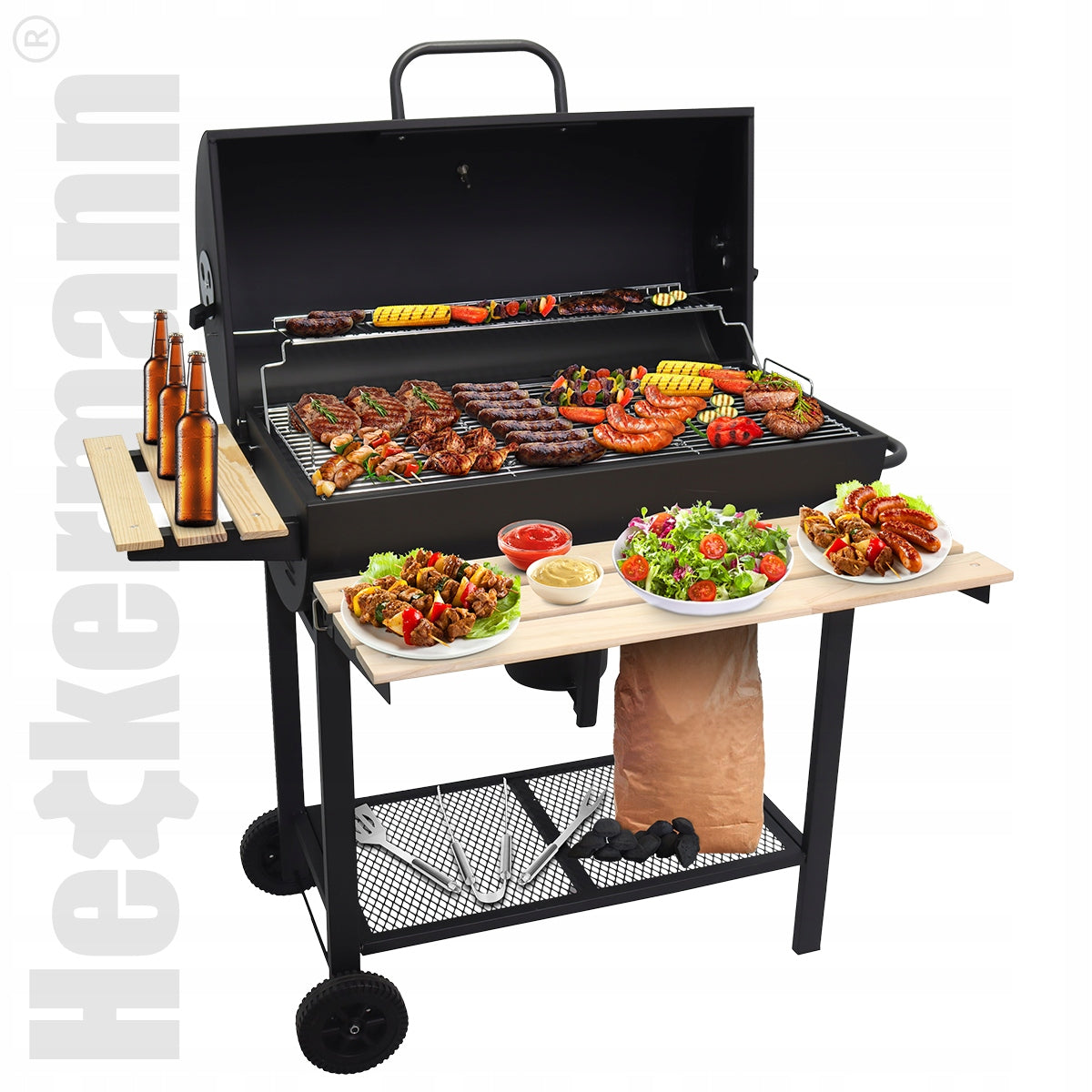 CHARCOAL GARDEN GRILL COVER ASHTRAY THERMOMETER LARGE PORTABLE WITH WHEELS Manufacturer Heckermann