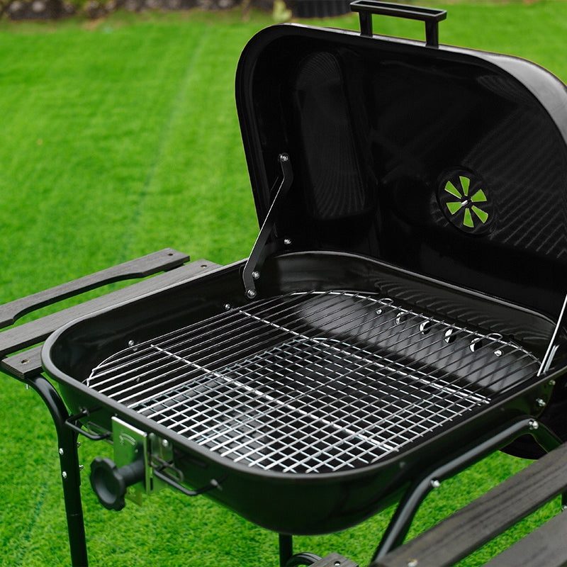 CHARCOAL GARDEN GRILL LARGE WITH LID LOCKABLE SHELVES ADJUSTABLE GRATE Grill height 97 cm