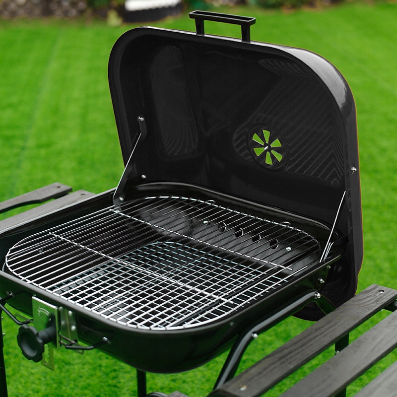 CHARCOAL GARDEN GRILL LARGE WITH LID LOCKABLE SHELVES ADJUSTABLE GRATE Grill width 121 cm