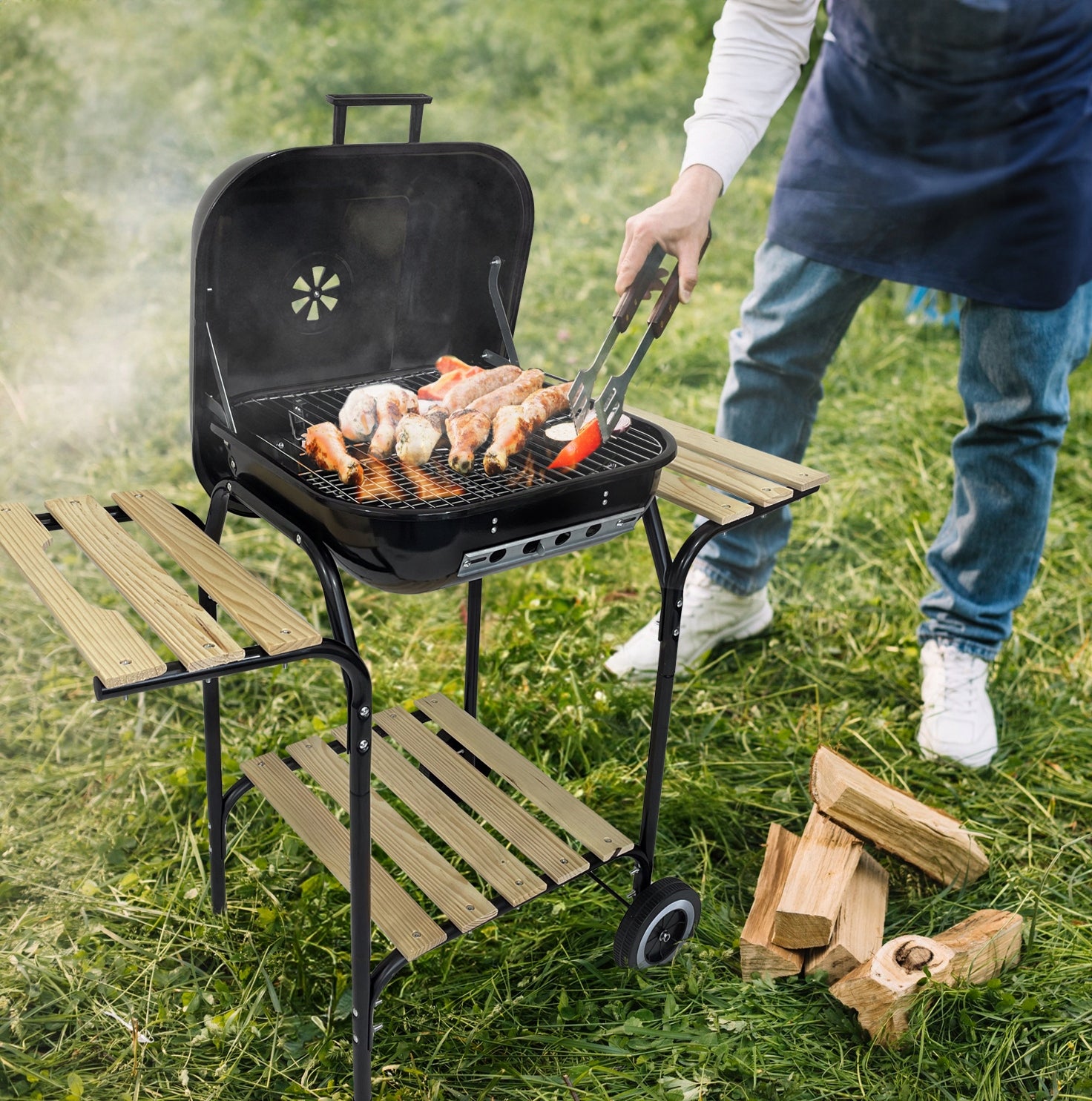 CHARCOAL GARDEN GRILL PORTABLE ON WHEELS LID WITH 3 SHELVES Manufacturer code 5.22.14331